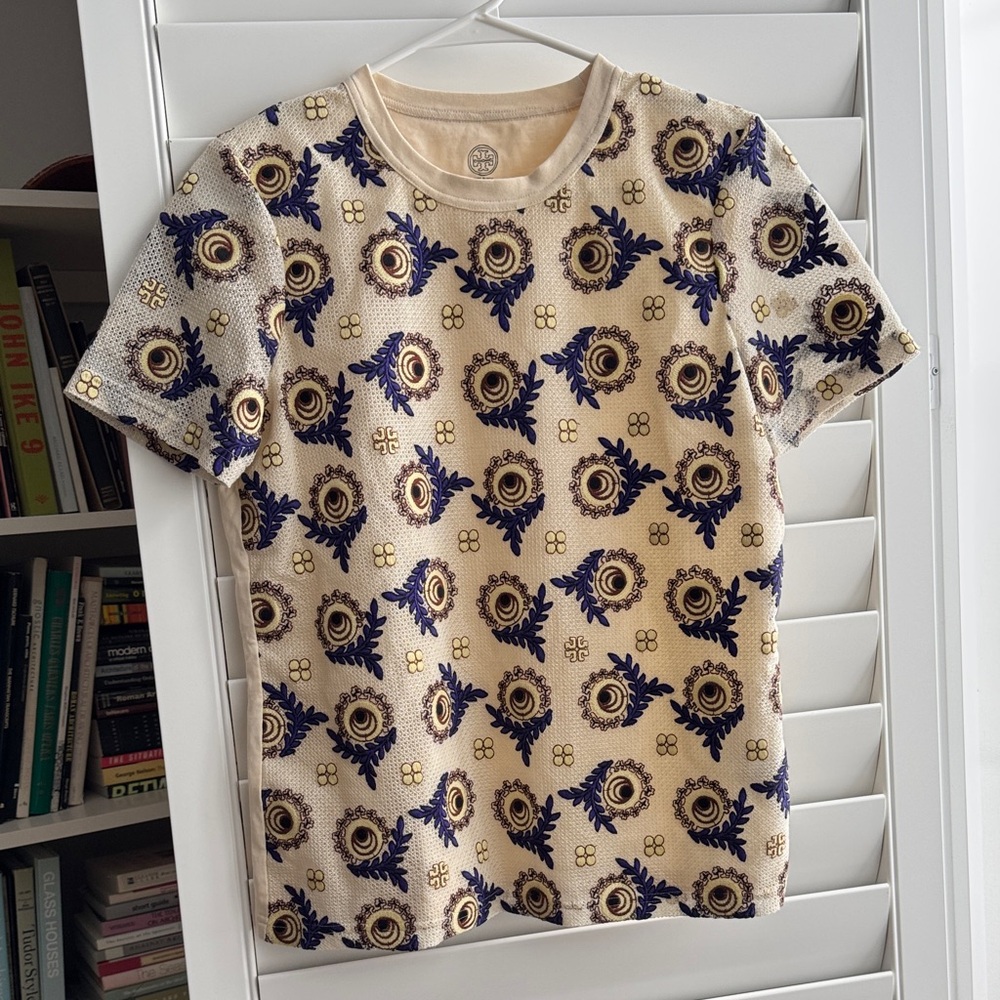 Tory Burch Beige and Navy Embroidered Top